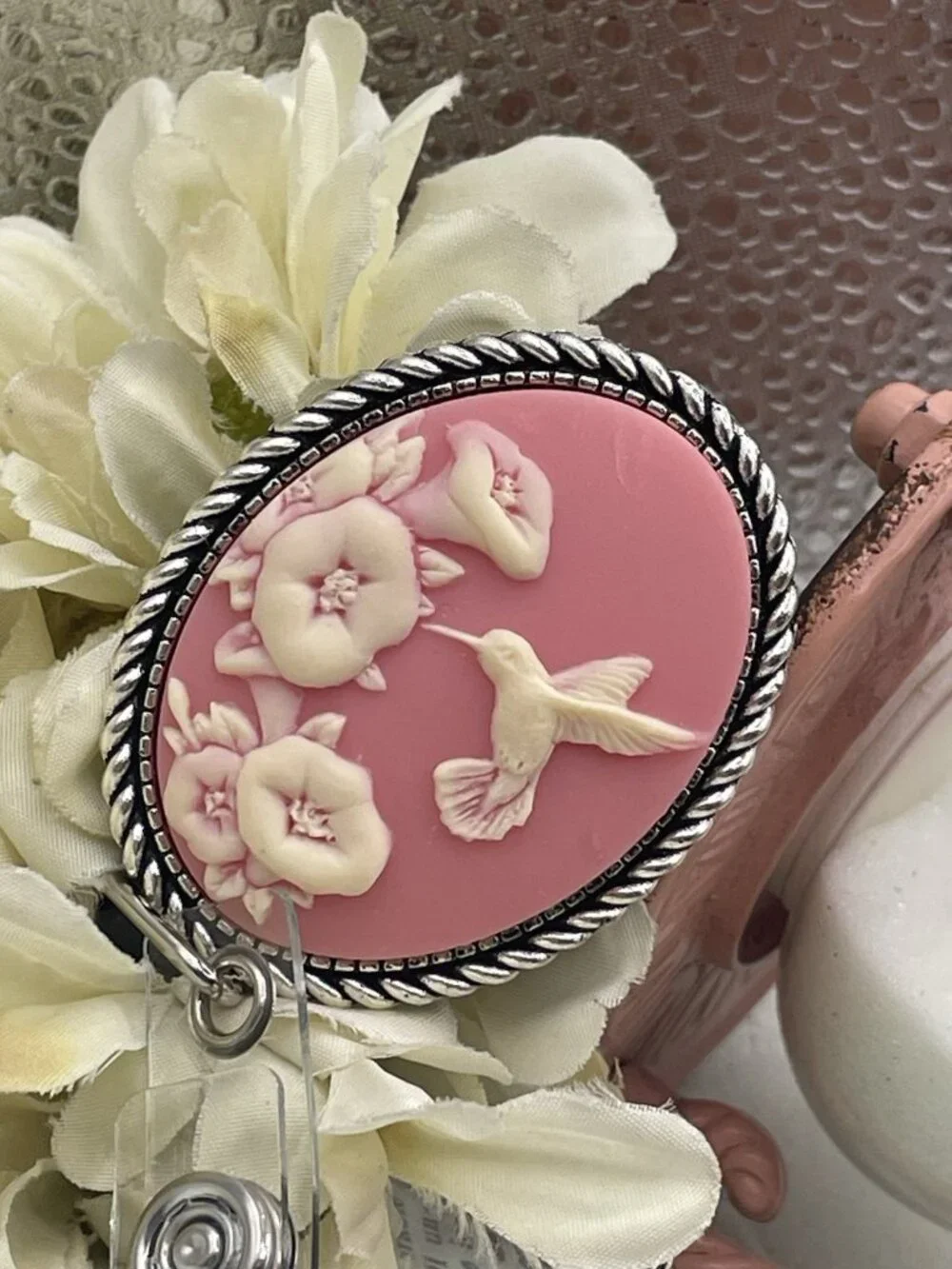 Romantic Pink Hummingbird Lanyard Cameo Retractable Reel ID Card Badge Holder
